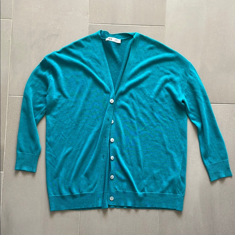 Zara oversized Turquoise Cardigan and FREE Club Monaco slip skirt